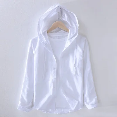 

Рубашка мужская с капюшоном, модная брендовая полосатая блузка из хлопка и льна в японском стиле, Повседневная белая с длинным рукавом, весн...