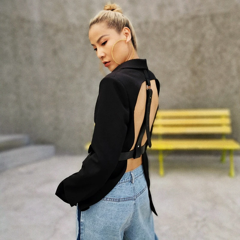 

GALCAUR Black Blazer For Women Notched Collar Long Sleeve High Waist Sashes Backless Hollow Out Designer Coats Female 2020 Tide
