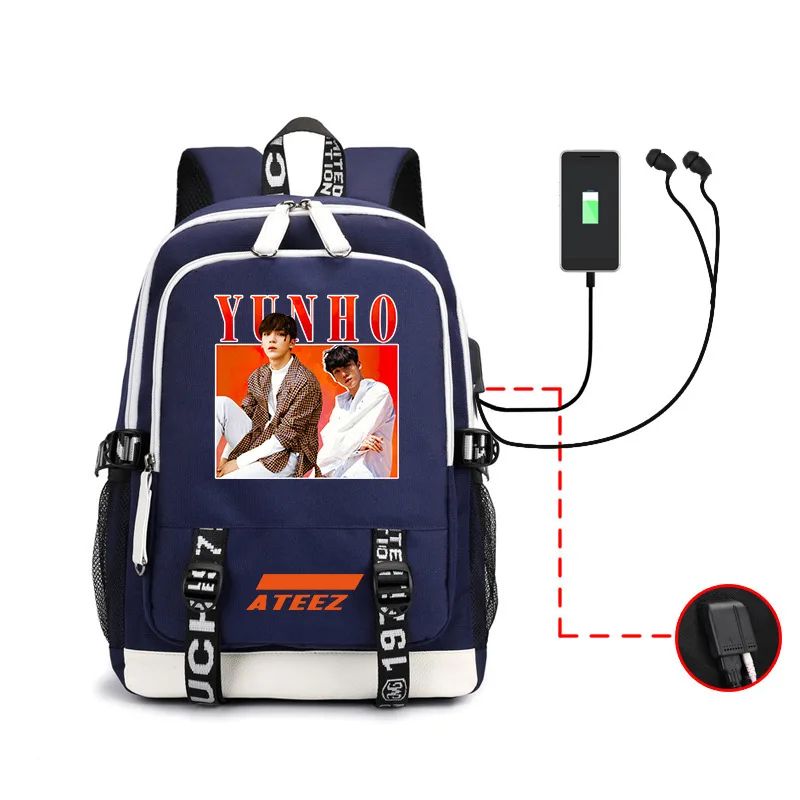 Kpop Ateez рюкзак периферийная сумка мужская и женская сумка на оба плеча Usb гарнитура линия компьютерная упаковка - Цвет: Blue-yunho