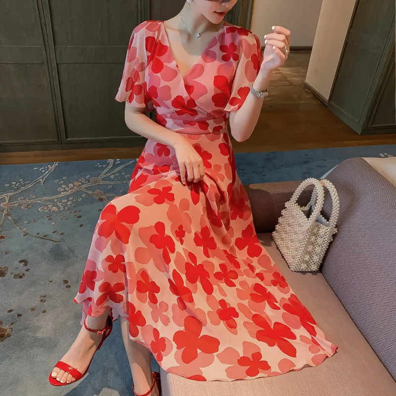 Шифоновое платье с высокой талией и V образным вырезом однотонное|Женские платья|