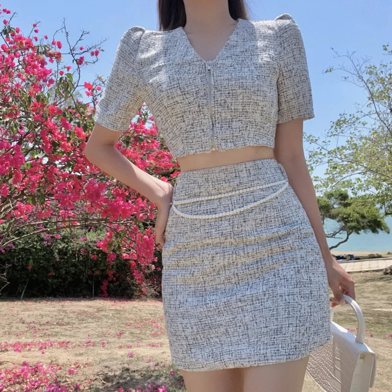 

Small Fragrance Vintage Tweed 2 Piece Set Women V-Neck Short Jacket Coat + Sheath Bodycon Skirt Sets Female Crop Top Skirt Suits