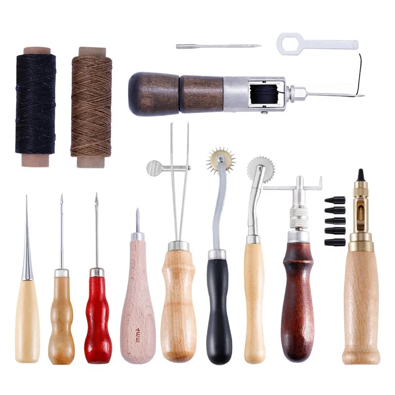 

Leather Tools Set Professional Wooden Handle Hand Stitching Clamp Belt Punching Blank Holder Scoring Wheel Sewing Accessories