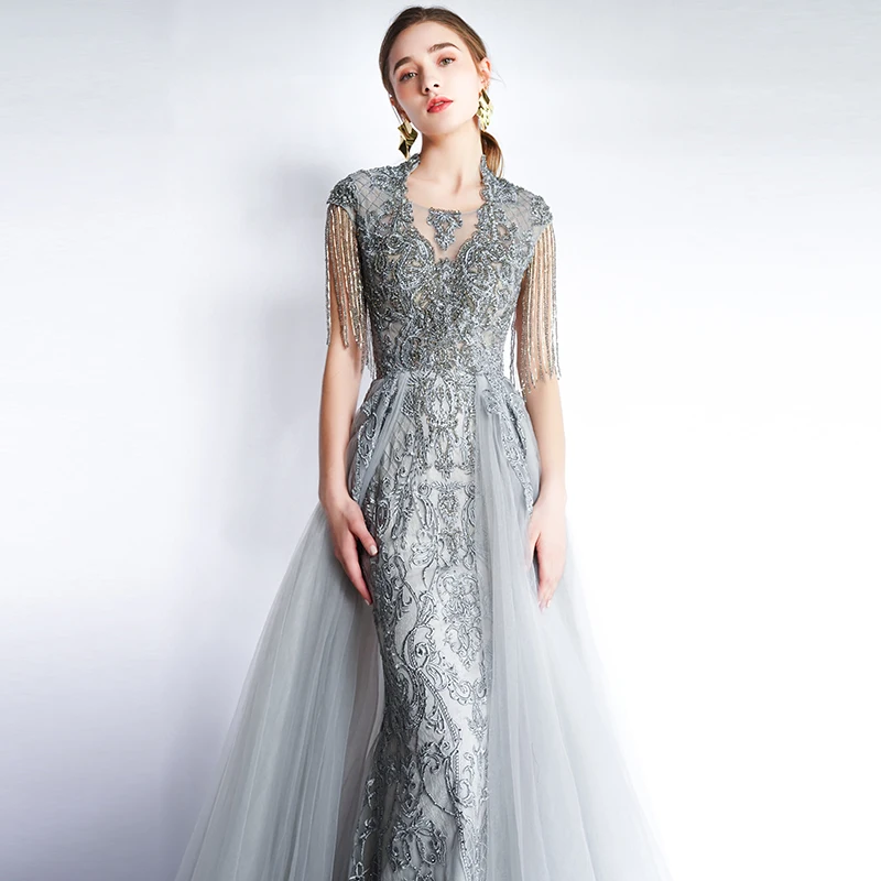 vestido de festa серое длинное платье для выпускного вечера es вечерние платья с высоким вырезом Женская официальная Аппликация из бисера Русалка платья для выпускного вечера