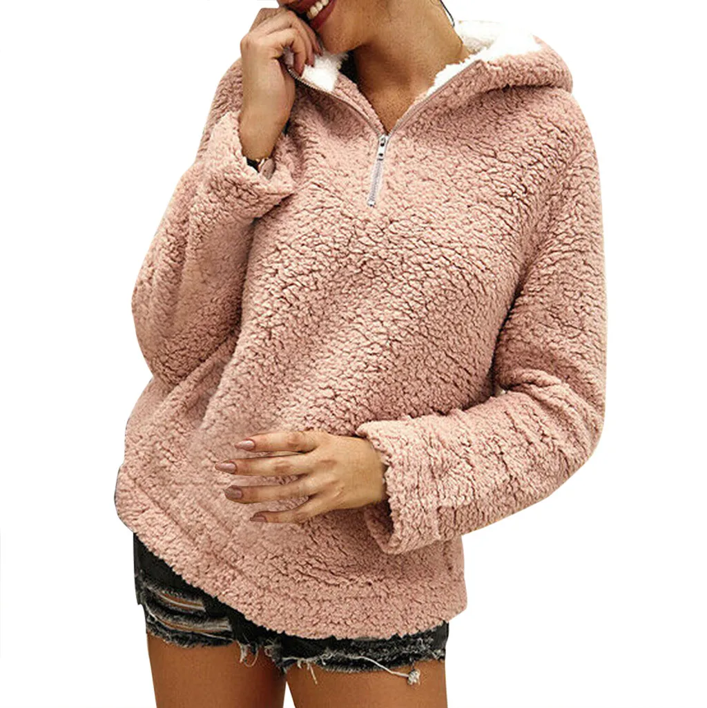 Женская толстовка из искусственного меха однотонная с капюшоном зимние