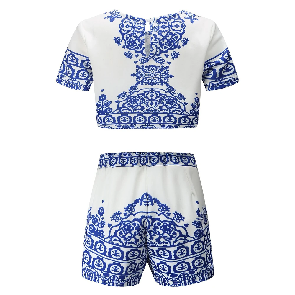 

Wholesale Custom Retail Factory Price Good Quality New Women's Fashion Hot Blue white Porcelain Short Navel T-Shirt Shorts Set