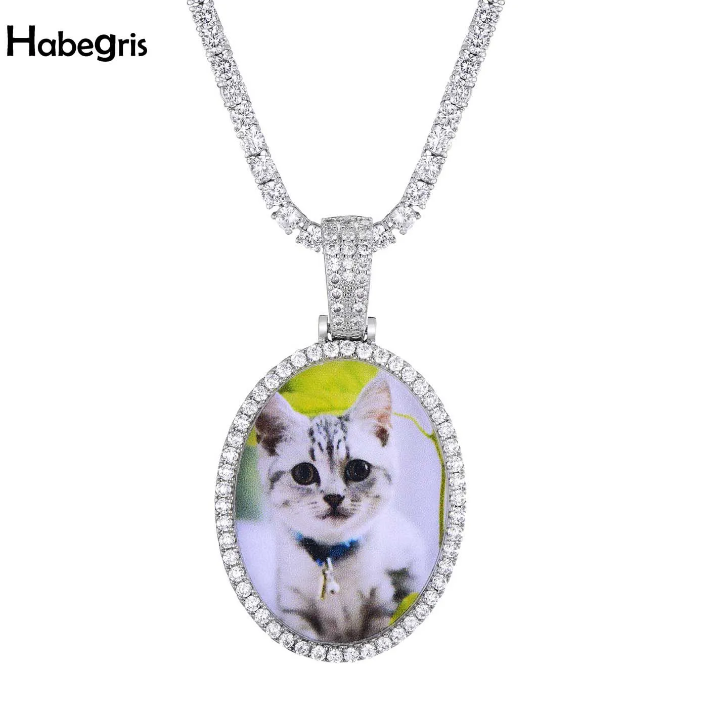 

Habegris Custom Made Photo Oval Medallions Pendant Necklace Iced Out With 4mm Tennis Chain Zircon Men's Hip hop Jewelry