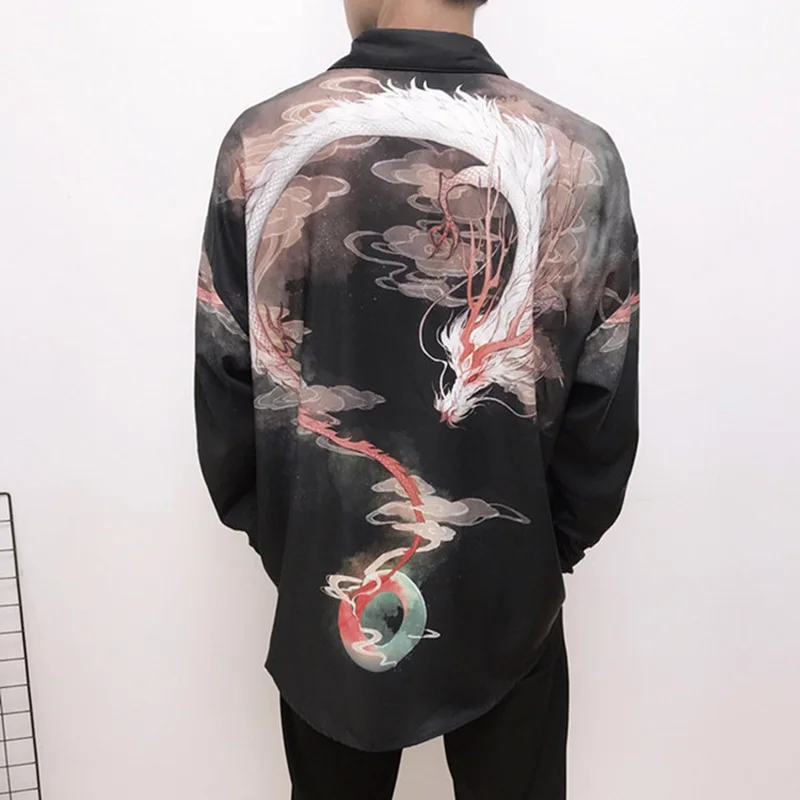 

Seestern Brand clothing 2019 Men's Shirt Printing Dragon Flaky clouds Fashion Black Long Sleeve Shirt Leisure Nightclub Tops