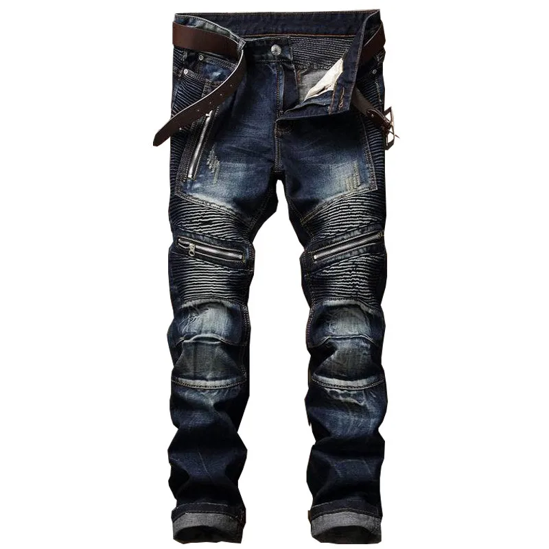 

Men's Pleated Biker Jeans Pants Slim Fit Brand Designer Motocycle Denim Trousers For Male Straight Washed Multi Zipper