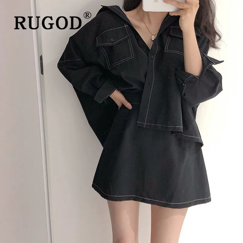 RUGOD/ г. Новая Осенняя Женский комплект 2 шт. рубашка и юбка отложная Свободная блузка с воротником Высокая талия тонкая юбка трапециевидной формы Мода mujer