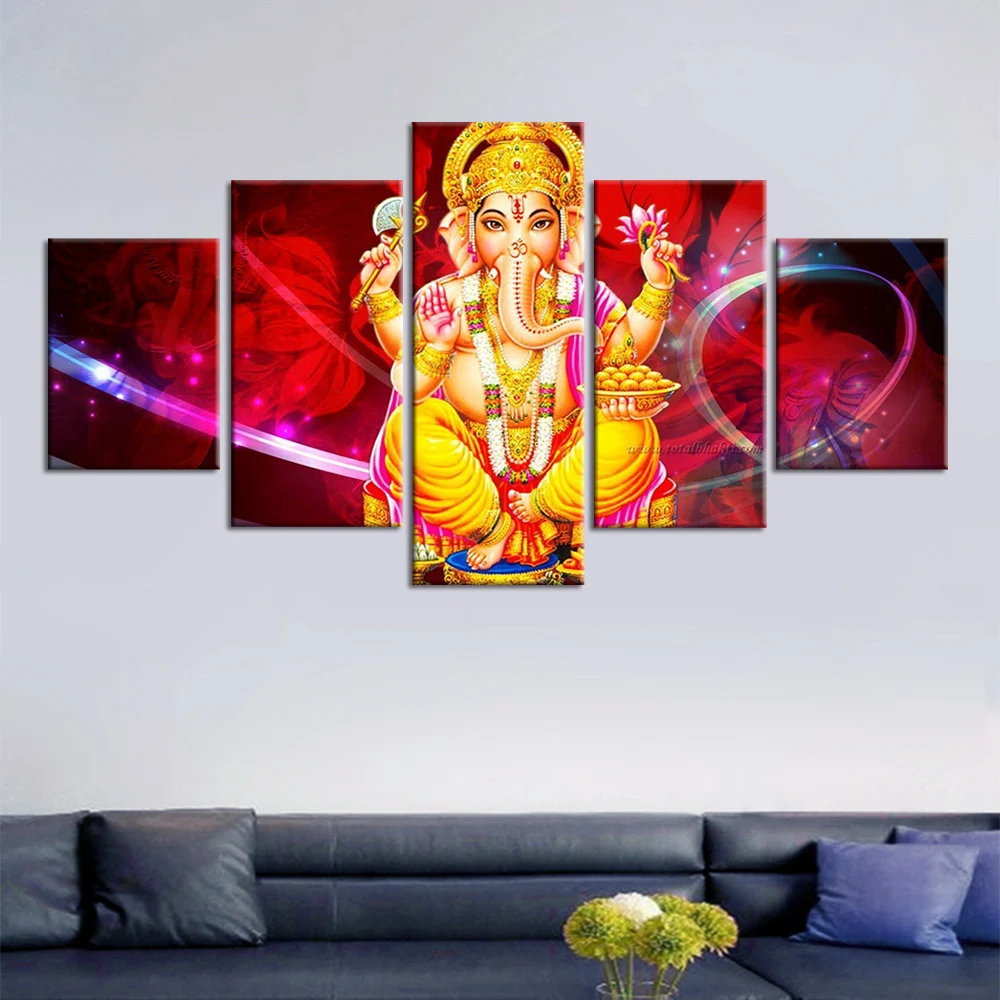 

India Tibetan Ganesha Elephant Head God 5 Pieces Canvas Wall Art Living Room HD Prints Painting Poster Pictures