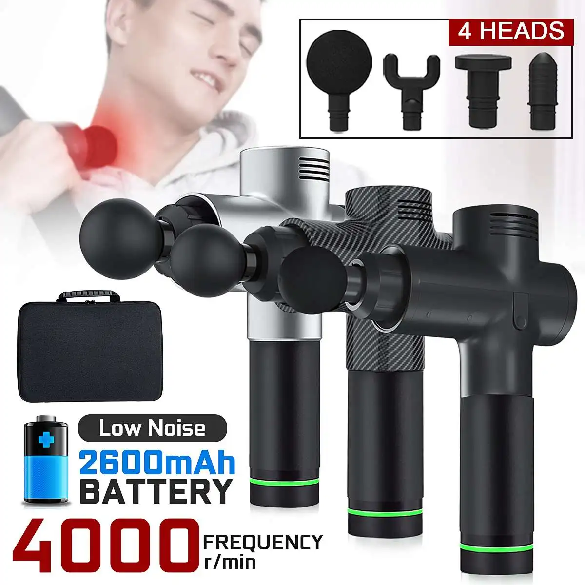 

4000r/min Therapy Massage Gun 3 Gears Muscle Massager Pain Sport Massage Machine Relax Body Slimming Relief 4 Head With Bag