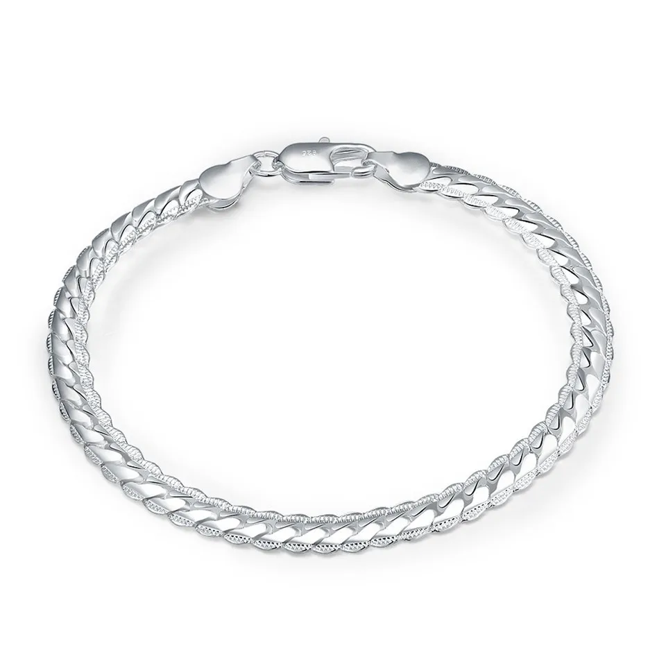 

Fashion 925 Sterling Silver Bracelet Unisex 5MM Flat Snake Chain Lobster Clasp Collares Bracelet For Women Men Gift