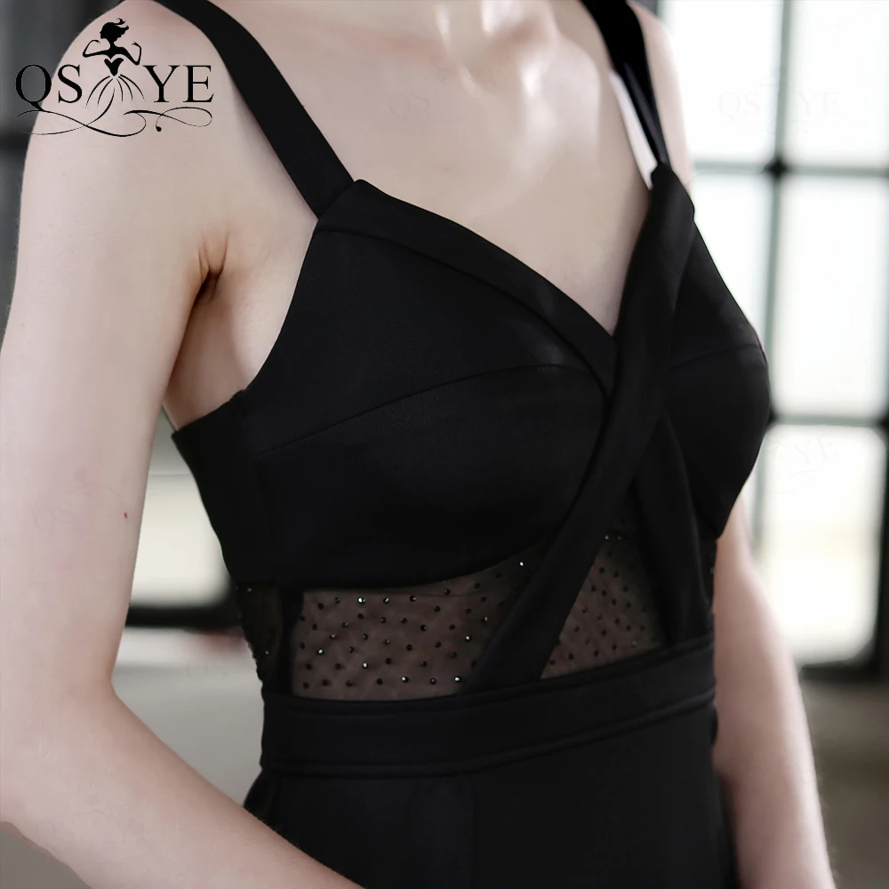 

Sexy Black Evening Dresses Shoulder Straps Mermaid Formal Gown Hollow Out Waist Sequined Evening Dress Split Women Party Dress
