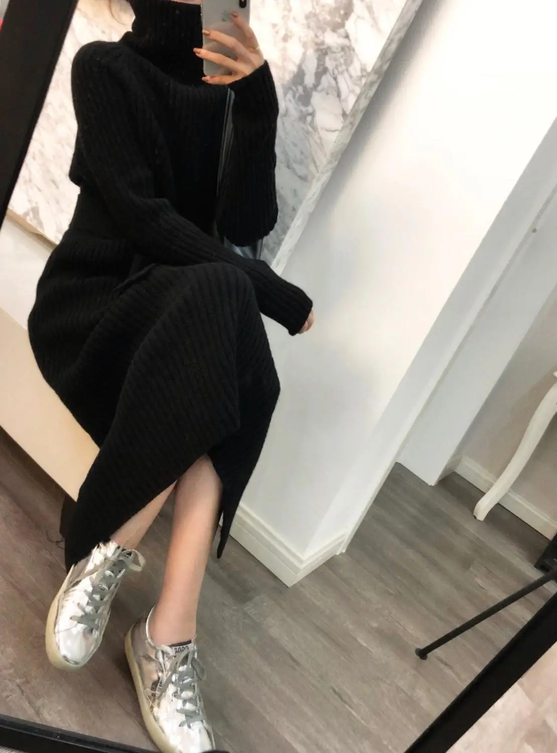 

new autumn and winter Korean version of the high collar long sweater skirt loose knee dress knit bottoming shirt thickening