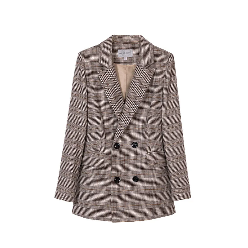 

BornSra 2020 Work High Quality Blazer Vintage Bouble Breasted Plaid Women Blazer Thicken Autumn Winter Jackets Female Suits Coat