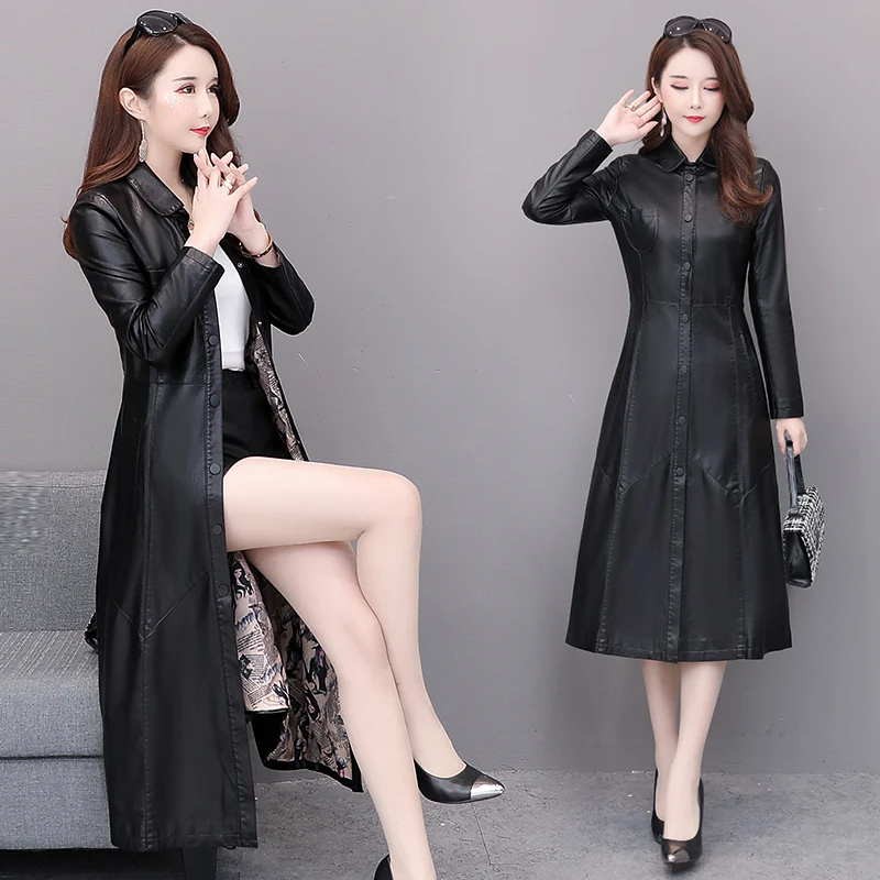Spring coat ladies Pu leather Korean version long autumn fashion coat locomotive leather windbreaker faux leather slim black