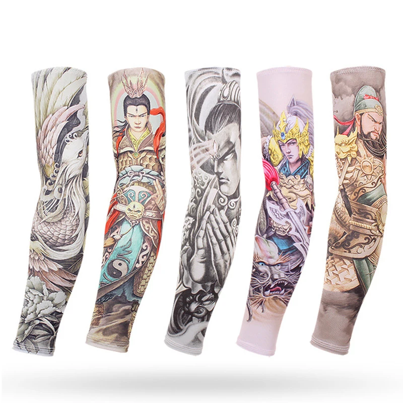 Manguitos de tatuaje de personajes chinos para hombres, ciclismo, pesca, mangas largas, protección solar UV, deporte fresco, cubierta de brazo, calentador de verano