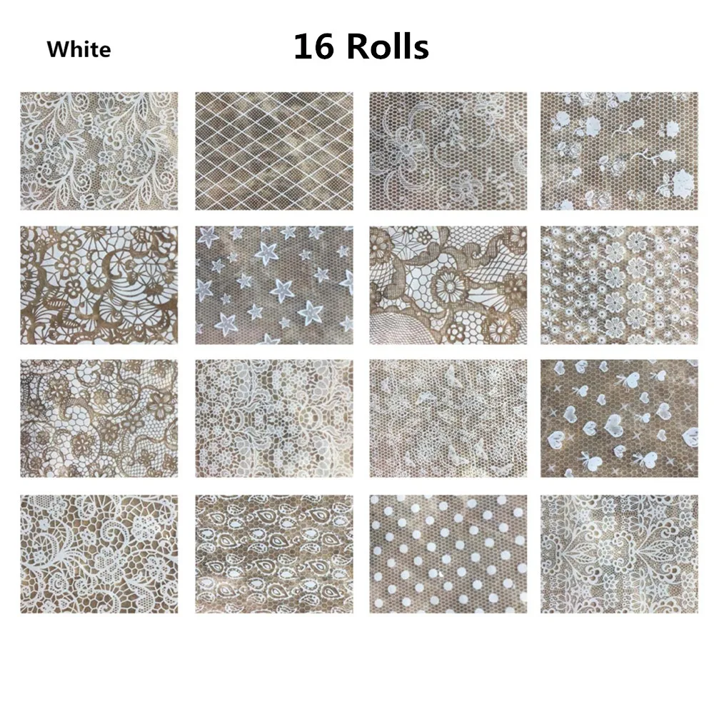 White-16Rolls 16 рулонов золотой серебряный кружевной Цветочный узор 4 см* 120 м наклейки на ногти из фольги черно-белый гель DIY 3D наклейки для ногтей инструмент для украшения - Цвет: White-16Rolls
