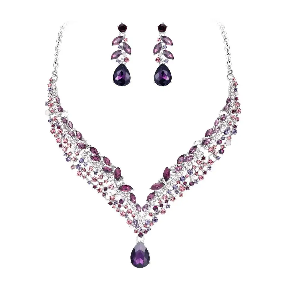 Purple Silver Tuliper свадебное ювелирное изделие Набор Кристалл свадебное Ожерелье Комплект сережек для женщин подружки невесты Вечерние колье joyeria - Окраска металла: Purple Silver