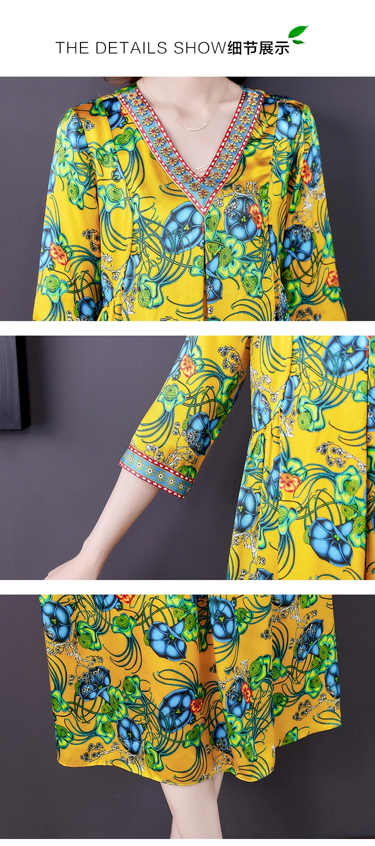 

ZUOMAN Silk dress elegant female V-neck temperament thin mid-length retro printed dress Femme New Designer Vestidos