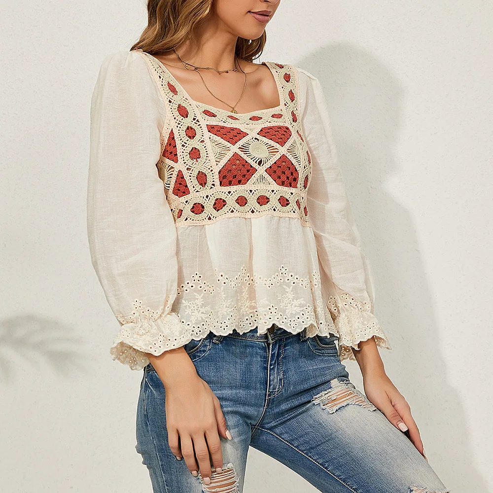 

Bohemian Blouse Women 2021 Spring Summer Fashion Retro Loose Simple Thin Lace Hollow Out Square Collar Long Sleeves Female Tops
