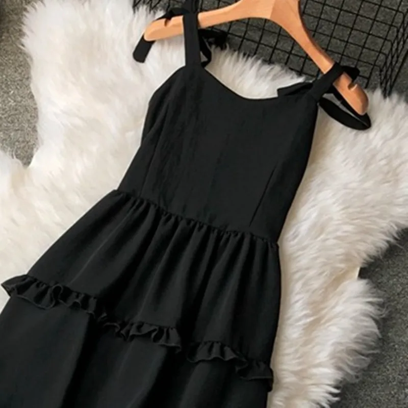 

2021 New Women's Spring Summer Dress Shoulder Strap Vintage Camisole Solid V Neck High Waist Sleeveless Casual Dress