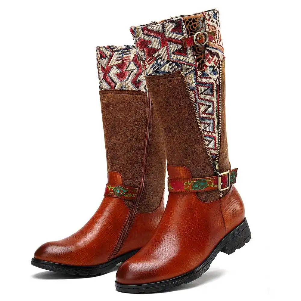 SOCOFY Botas mujer; ботинки из натуральной кожи с квадратным узором; ботинки до середины икры на мягкой плоской подошве; обувь на каблуке; женская зимняя обувь