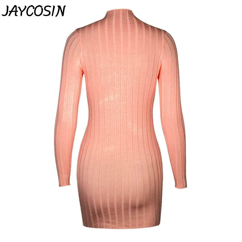 JAYCOSIN женское платье однотонное розовое с высоким воротником приталенное длинным