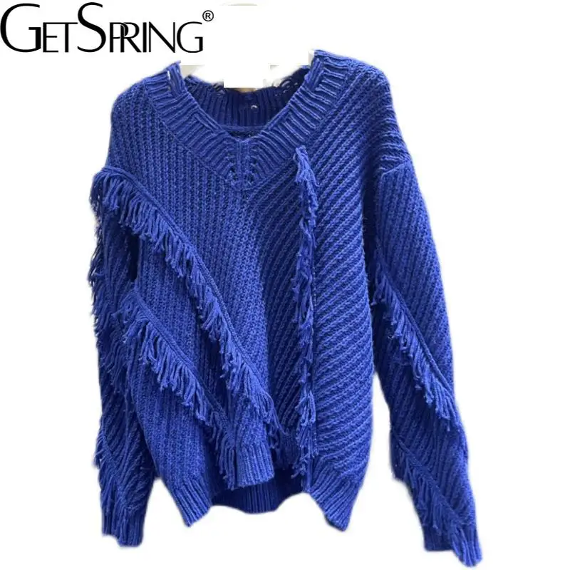 

GETSPRING женский свитер с бахромой в стиле пэчворк черный синий пуловер Свитера универсальные свободные длинные вязаные топы с V-образным выре...