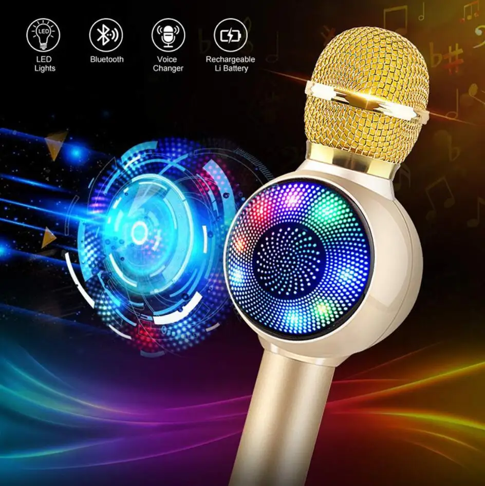 M102 gold Беспроводной микрофон караоке, ручной Bluetooth динамик, встроенный аккумулятор и двойной динамик с светодиодный светильник для вечерние/KTV - Цвет: M102 gold