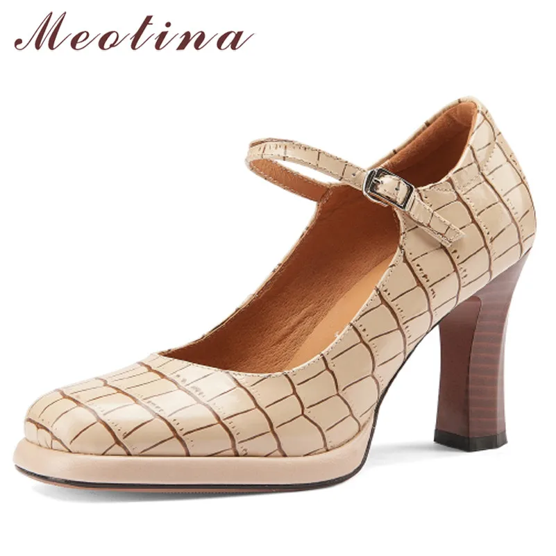 

Meotina Natural Genuine Leather Extreme High Heel Shoes Women Platform Square Heels Buckle Strap Ladies Footwear Apricot Size 43