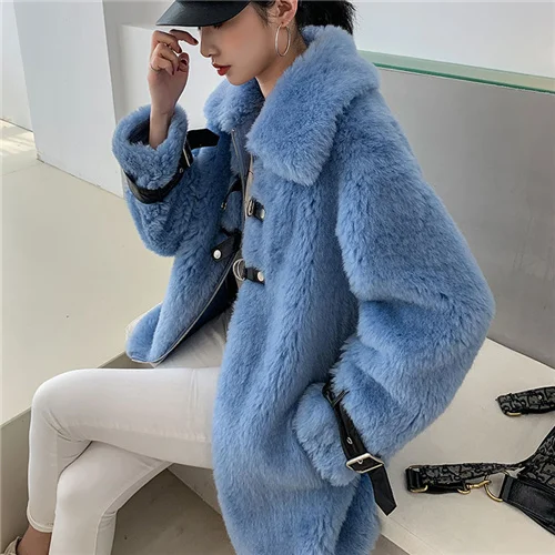 Blue Женское пальто из овечьего меха, шерстяная верхняя одежда, длинная верхняя одежда, теплое пальто, женская модная куртка, женская куртка из натурального овечьего меха - Цвет: Blue
