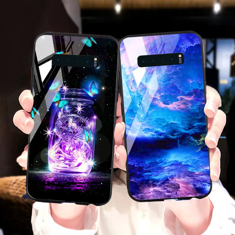 Tempered Glass phone Case For samsung galaxy S10 S9 S8 plus Cases Space Silicone Covers for S10E note 8 back |