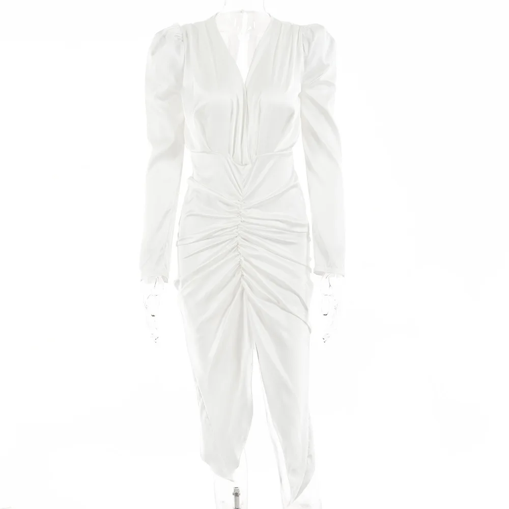 

Fashion Women's Dress New Summer Casual Hot Sale French Split V-neck Ladies Waist Thin Pleated Solid Color Dress Donsignet