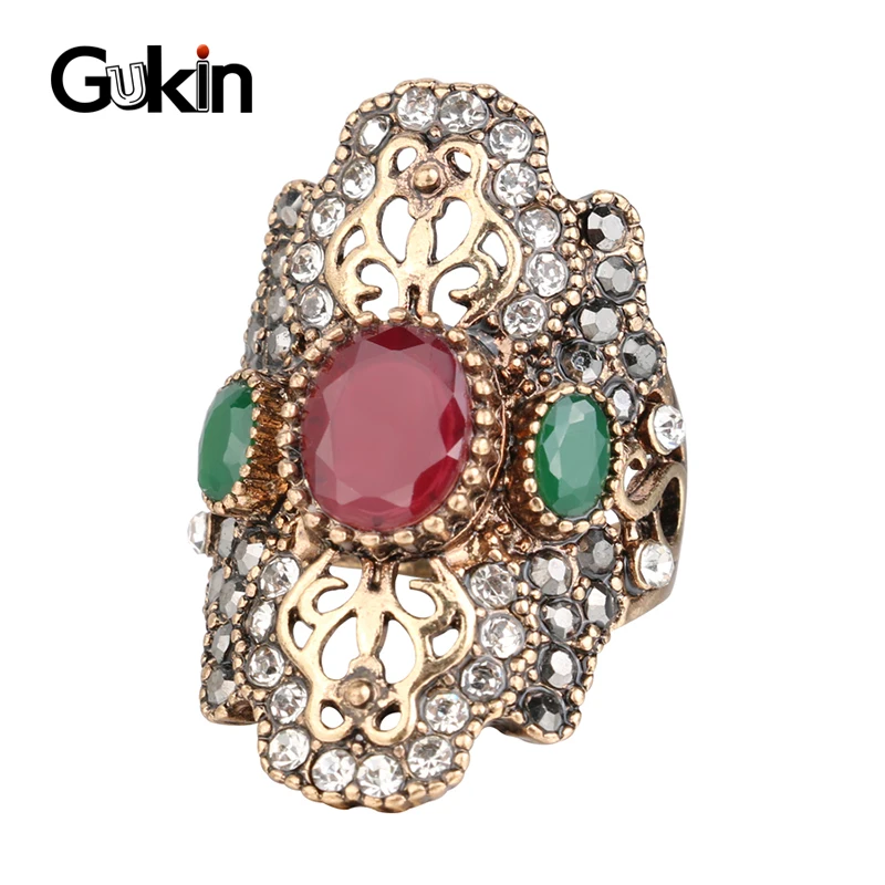 Gukin New India Jewelry Unique Red Vintage Ring Gold Color Crystal Rings For Women Party Gift Drop shipping | Украшения и