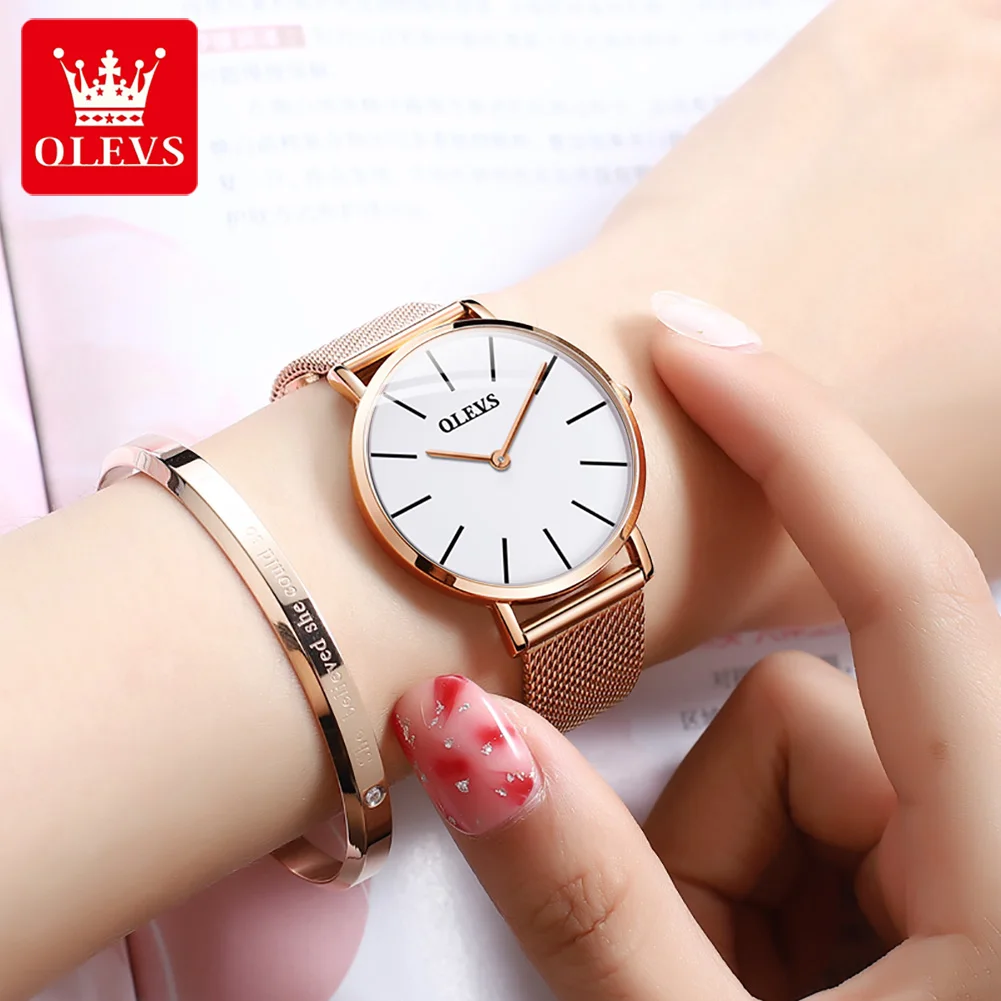 

Женские кварцевые наручные часы OLEVS, повседневные наручные часы из нержавеющей стали цвета розового золота с металлической сеткой, 2021