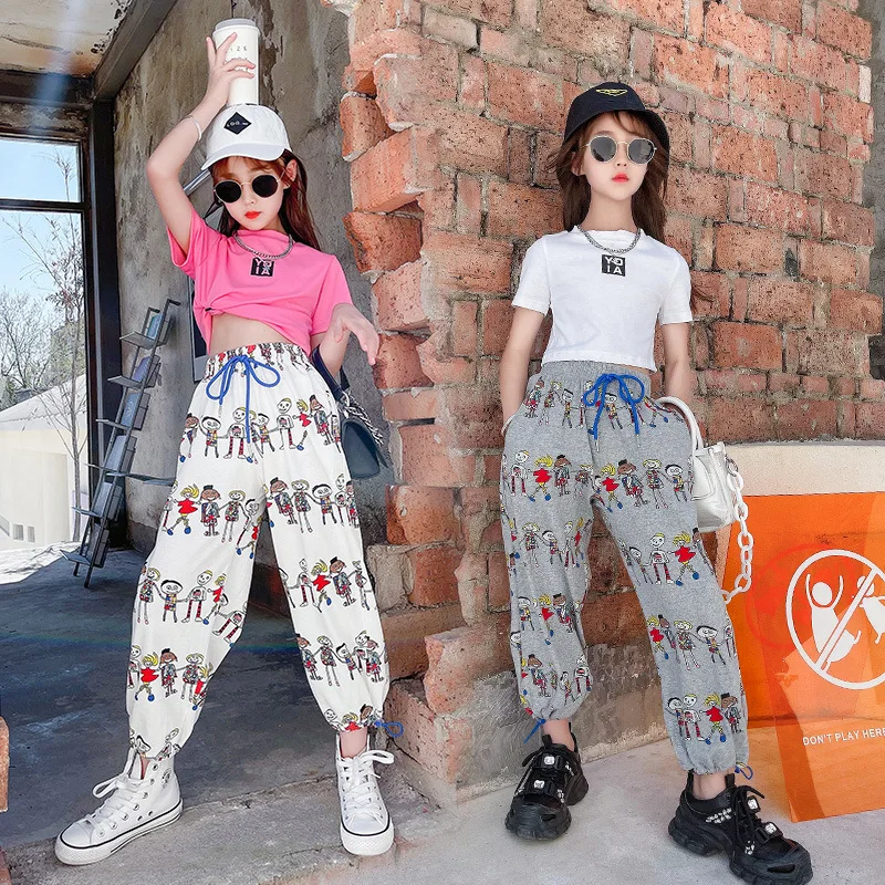 

Girls summer thin cartoon trousers 2021 new girls high waist sports children's leggings suit