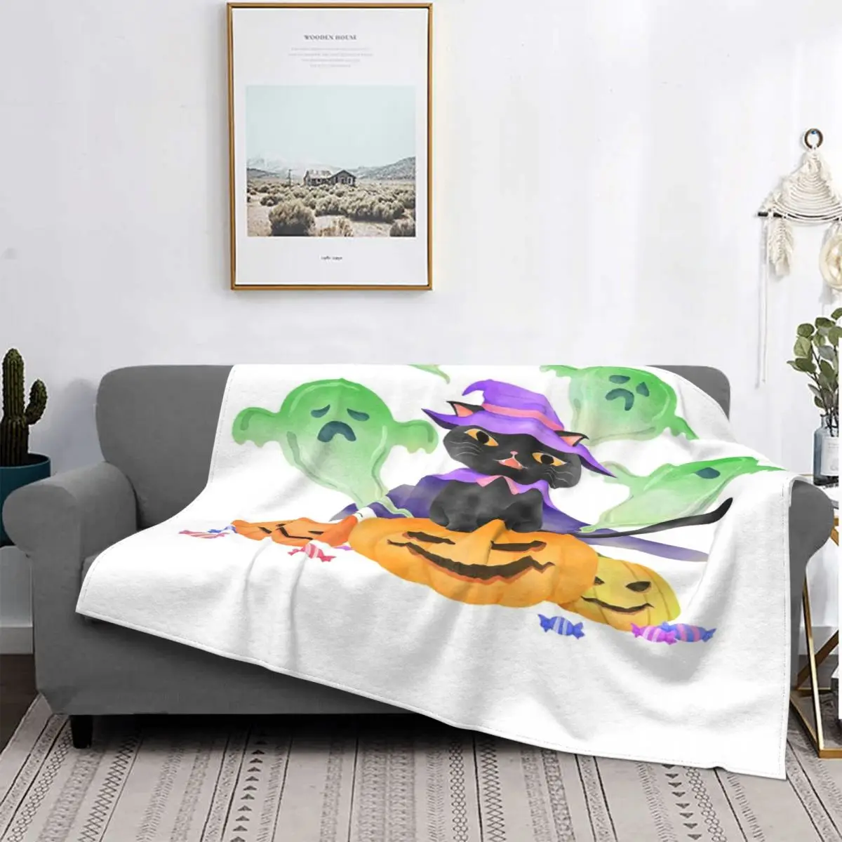 

Manta térmica con estampado de gato negro, colcha con estampado de acuarela para Halloween, cama a cuadros, manta térmica para b