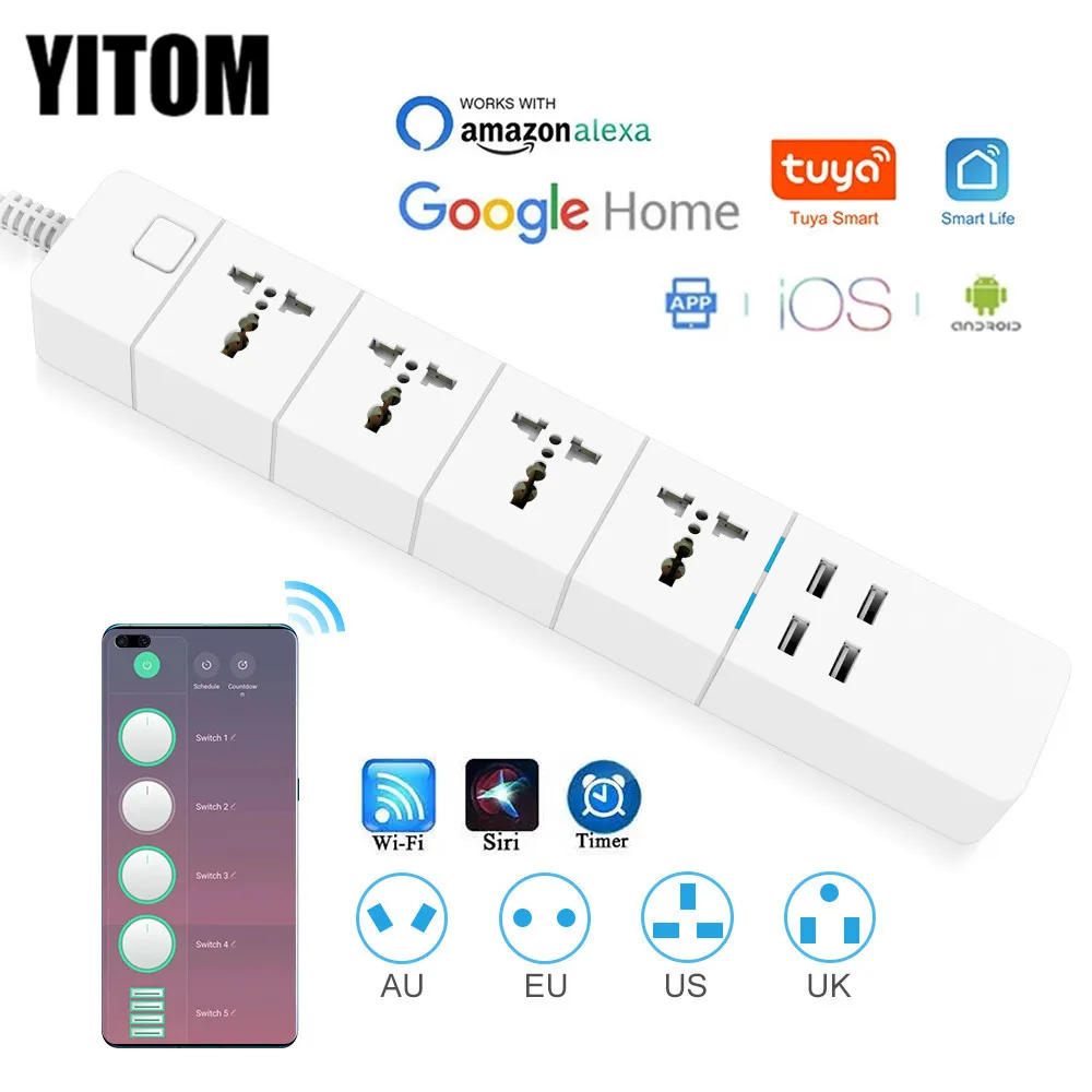 WIFI Smart power strip Universal 1.8/M/3.0M/5.0M with alexa googlehome multi plug  4 AC Socket 4 USB voice contro UK/EU/US/AU