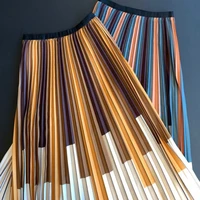 autumn pleated skirts new colorful striped a line calf long drape pleated skirts blue mustard