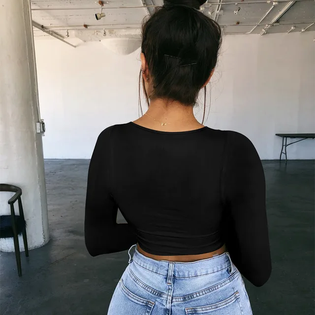 Summer Spring Crop Top Long Sleeve Women Black Sexy Shirt White Square Neck Casual Tee Top Mujer Ladies 2