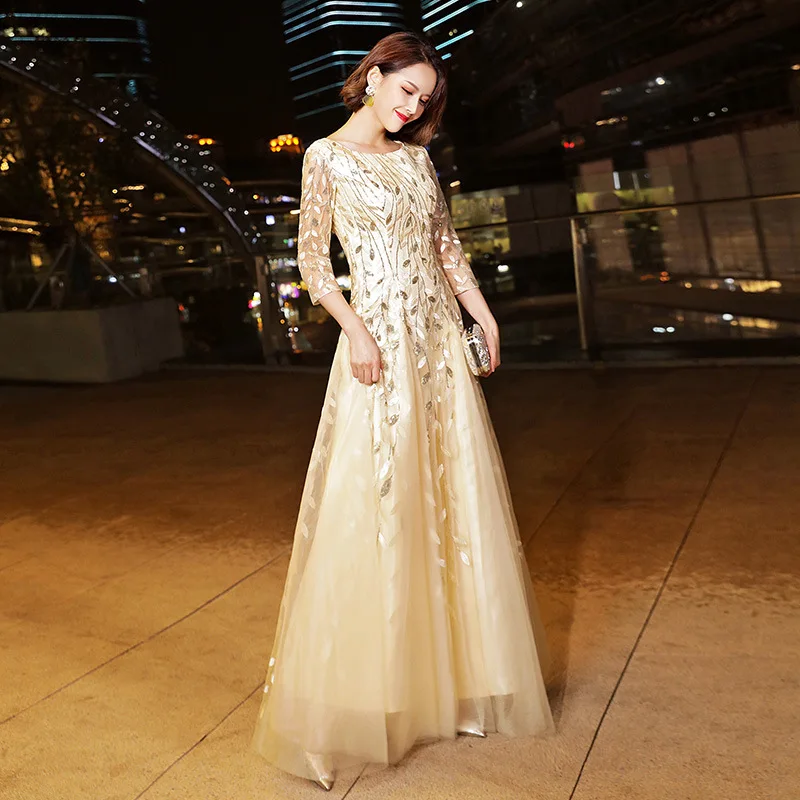 

Pleated Champagne Qipao Mesh Embroidery Evening Party Dress Gown Perspective Sleeve Sexy Cheongsam Zipper Maxi Elegant Vestidos