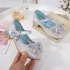 Свадебные туфли для девочек, блестящие новые модные брендовые сандалии принцессы Эльзы на каблуках, детские танцевальные туфли с бантом для детских вечеринок