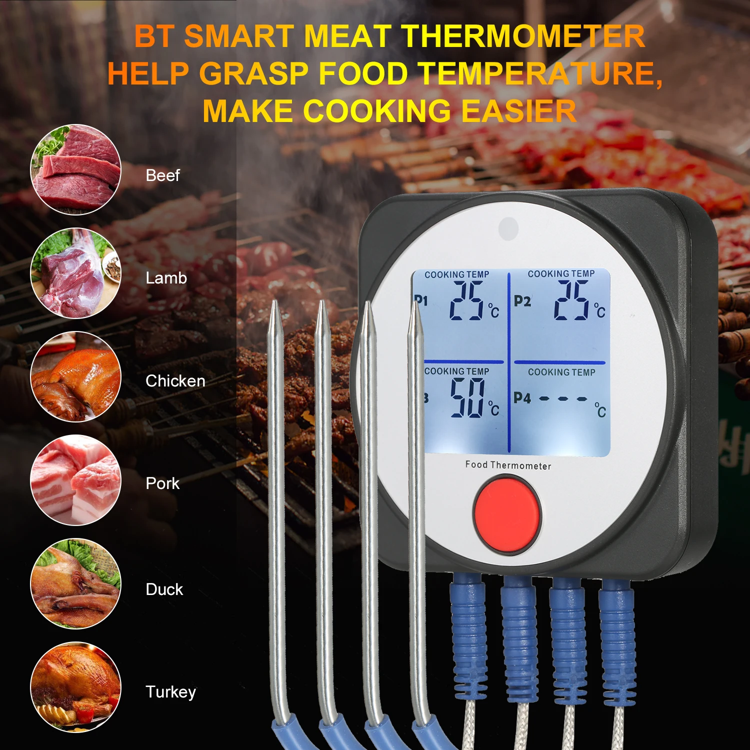 

KKmoon WT308B BT Meat Thermometer Smart Food Thermometer with Wireless Remote Control Timer Alarm Backlit Screen for BBQ