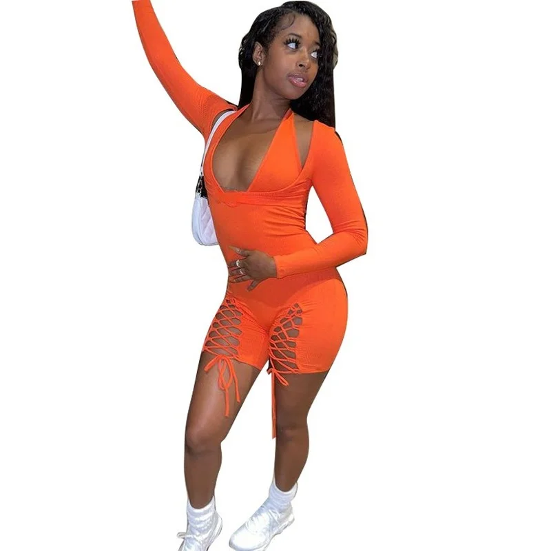 

Donsignet Fashion Summer 2021 Solid Hollow Out Long Sleeve Jumpsuit Women Sexy One Piece Jumpsuit for Women Playsuits