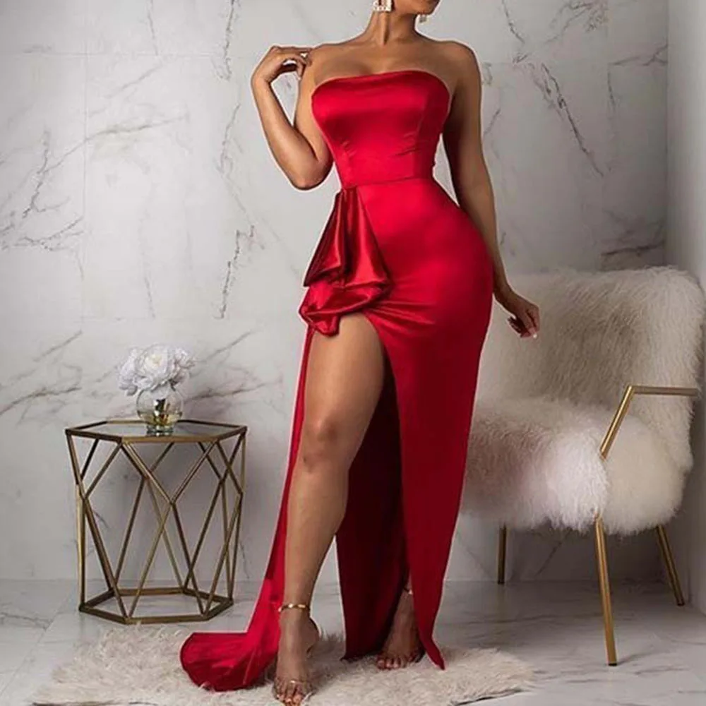 Макси без бретелек красное платье Сексуальная Открытая спина высокий разрез Bodycon