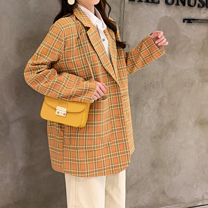 Женский блейзер модный костюм воротник узор в клетку BF универсальная милая