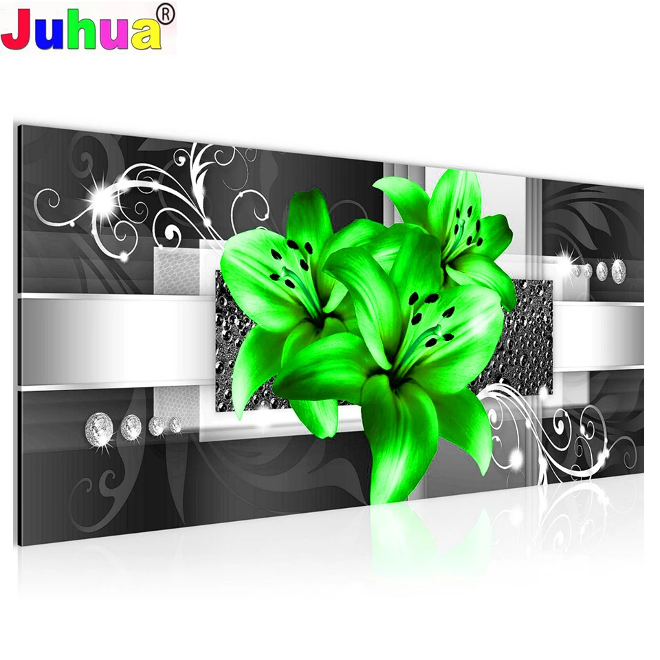 

Алмазная 5d картина «сделай сам», 110x55 см, зеленая Лилия, большой квадратный цветок, 3d Стразы, вышивка крестиком, мозаика, домашний декор