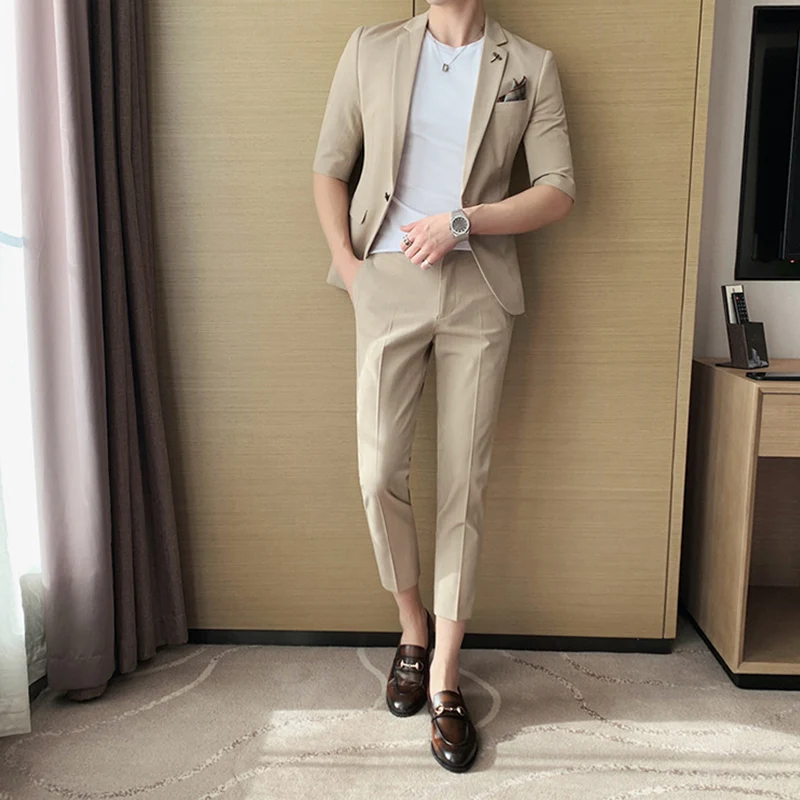 

Men's 3/4 Sleeve Suits Fashion Slim Fit Two Piece Suit Business Men Clothing Social Wedding Groomsman Suit Casual Ropa Hombre