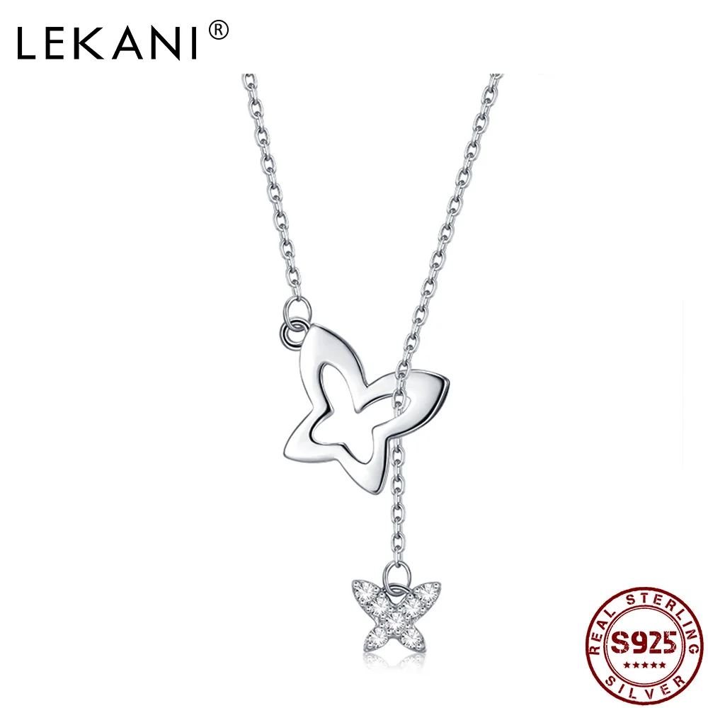 

LEKANI Cute Butterfly 925 Sterling Silver Double Pendant Necklace Inlaid 5A Cubic Zircon Female Fine Jewelry Girlfriend Gift